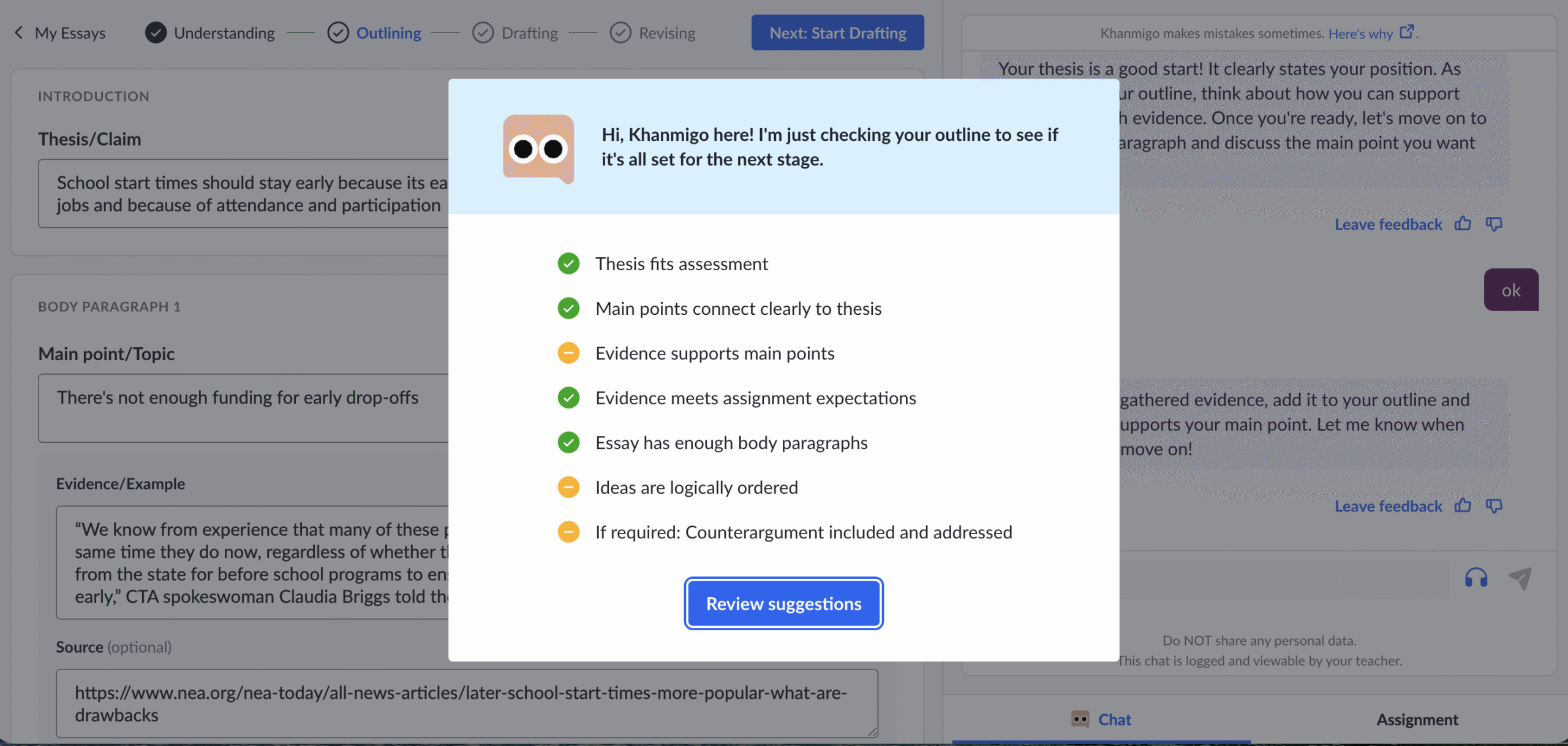 Khanmigo's feedback checklist