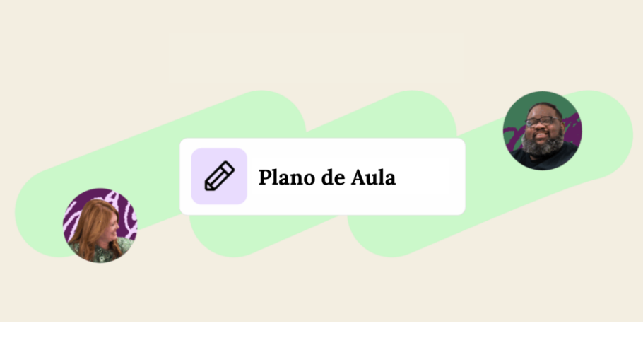 fundo bege com desenho em verde claro e duas fotos de professores e ao centro escrito "plano de aula"