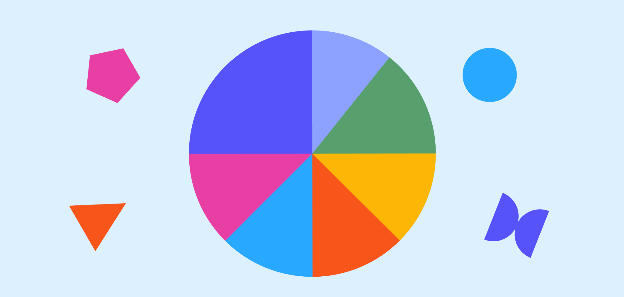 A colorful pie chart divided into seven segments in shades of blue, green, yellow, orange, pink, and purple, set against a light blue background with abstract geometric shapes surrounding it.