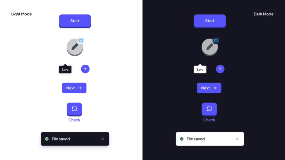 Examples of Wonder Blocks button, badge, tooltip, and toast components that use the Knockout tokens for their foreground or border styles in light and dark mode.