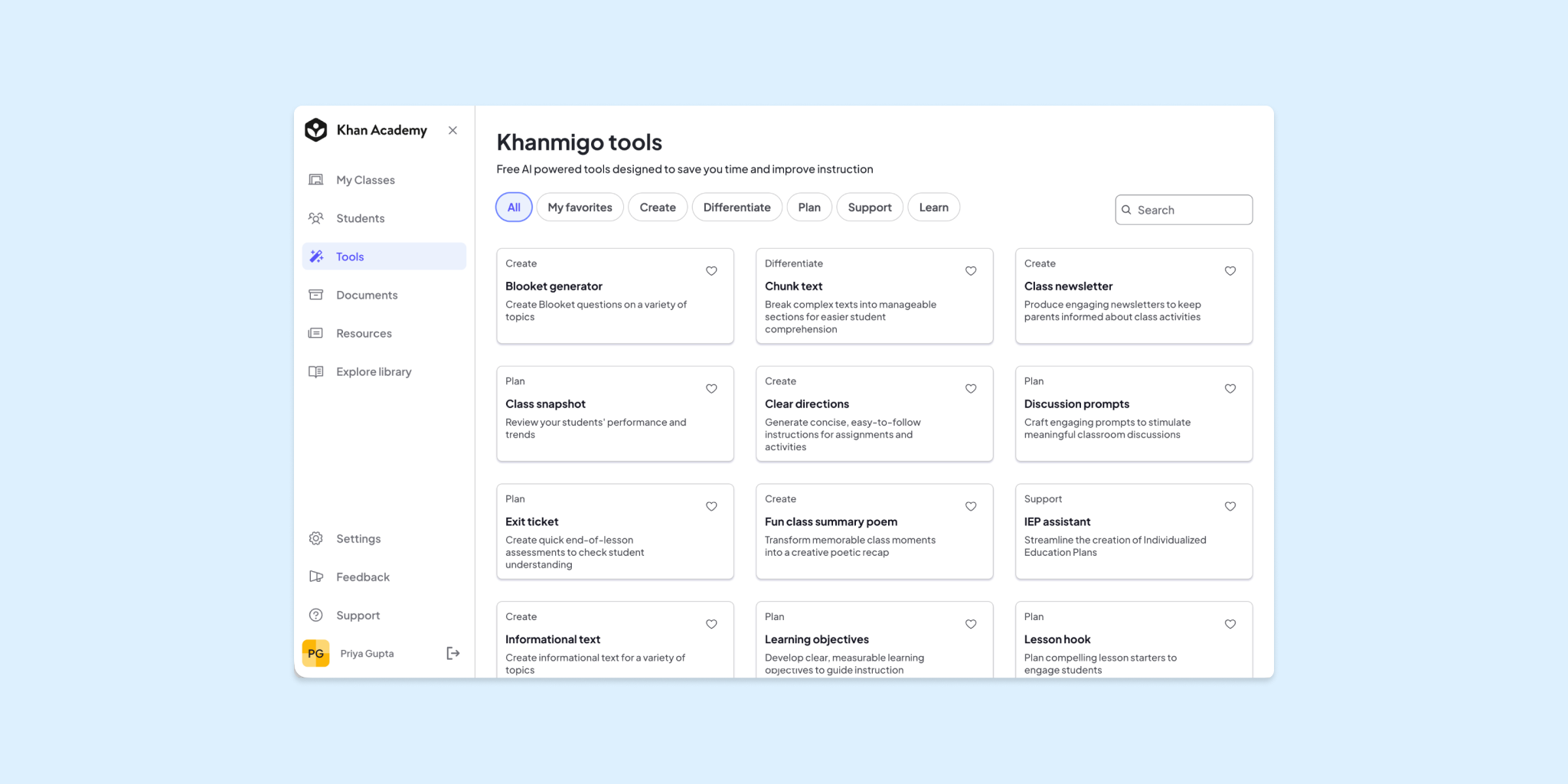 A screenshot of Khanmigo Teacher Tools.