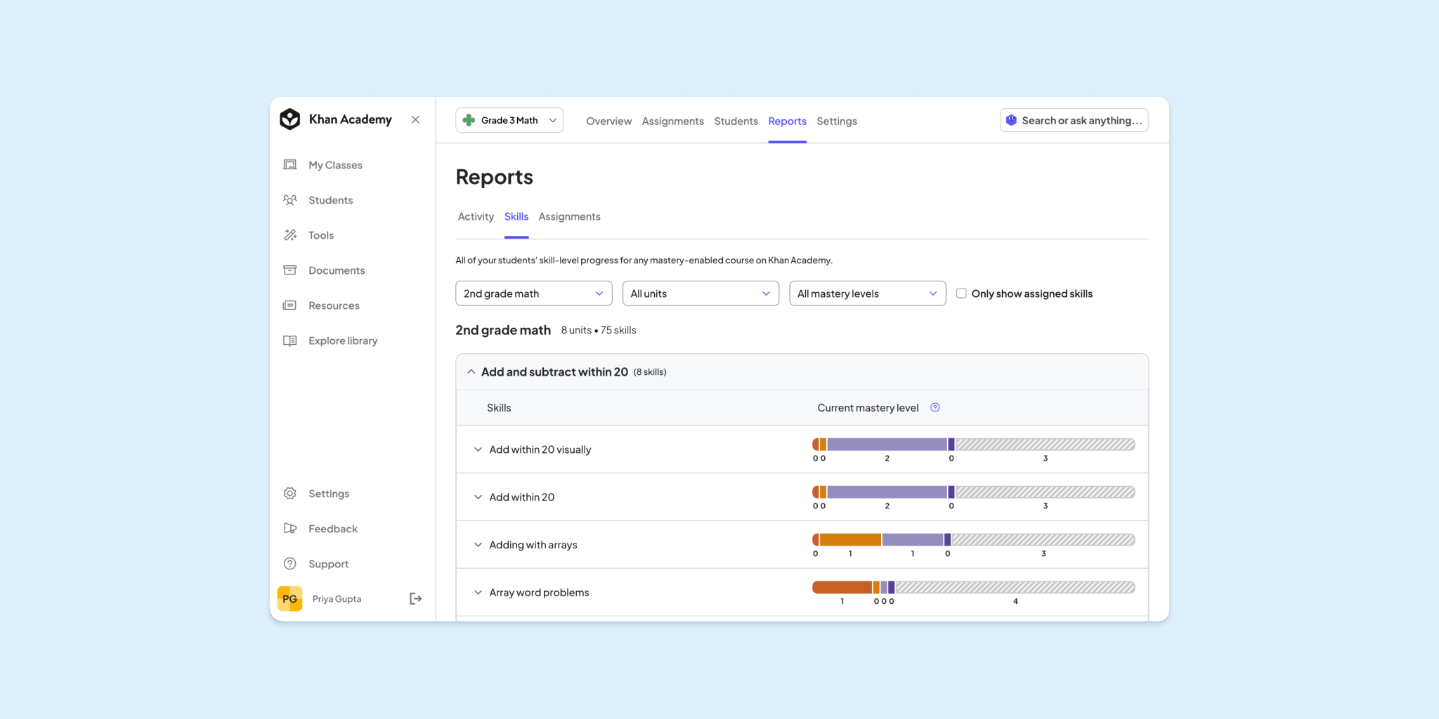 A screenshot of the new teacher reports..