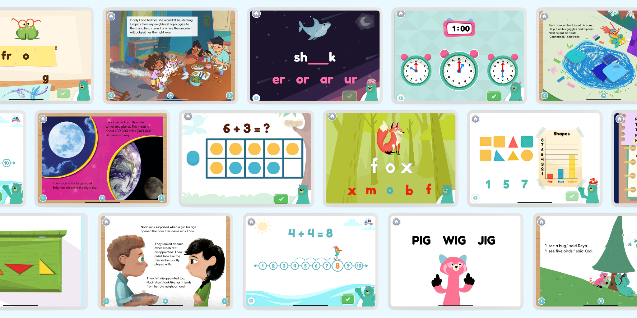 Screens showing math, literacy, and SEL activities from the Khan Academy Kids app. 