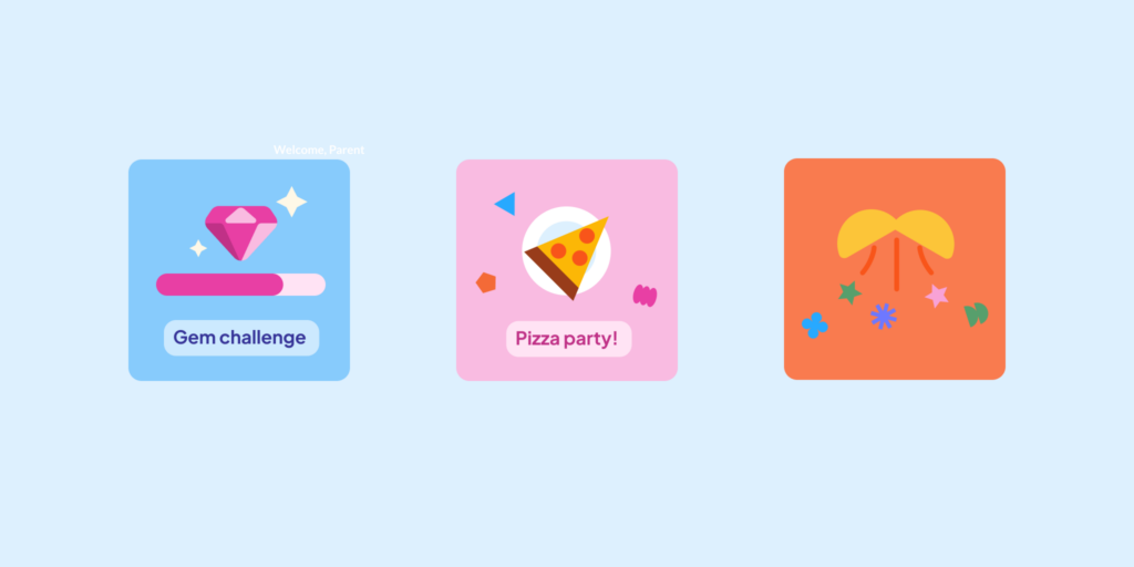 Three colorful cards showing a Gem Challenge, a pizza party reward, and a class celebration.