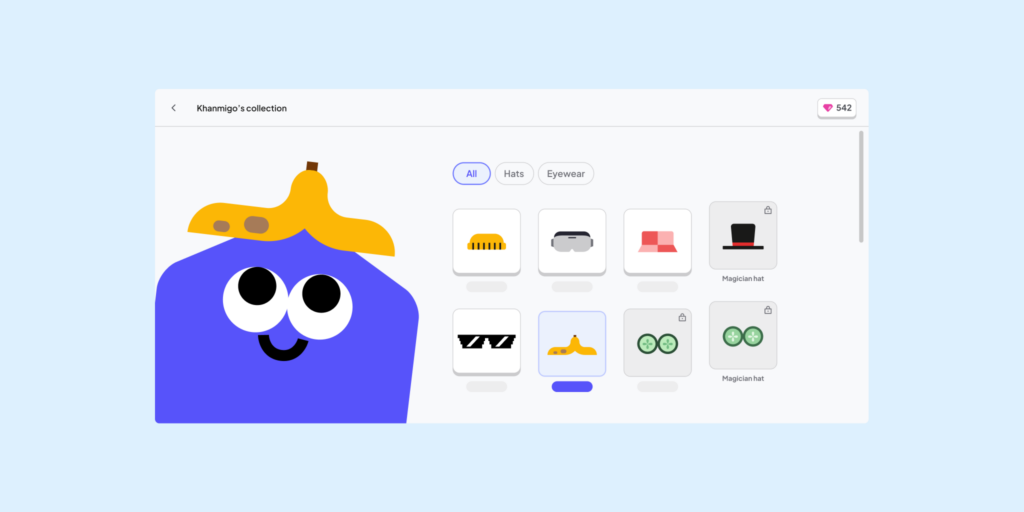 A Khanmigo customization screen showing hats and eyewear students can unlock with Gems earned from practice.