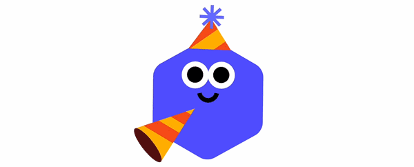 Animated Khanmigo wearing a party hat and blowing a party horn after students reach a class goal.