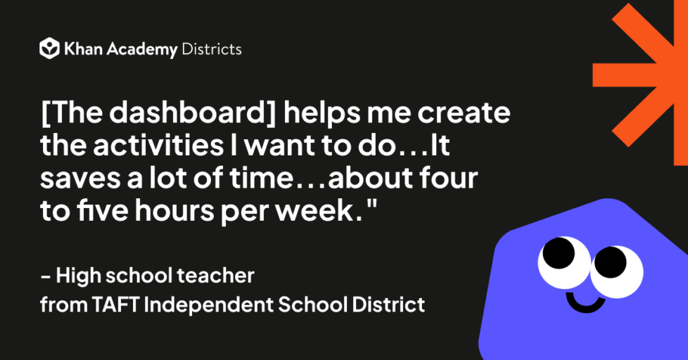 A quote from a high school teacher from TAFT independent school district "The dashboard helps me create the activities I want to do... It saves a lot of time... about four to fives hours per week."