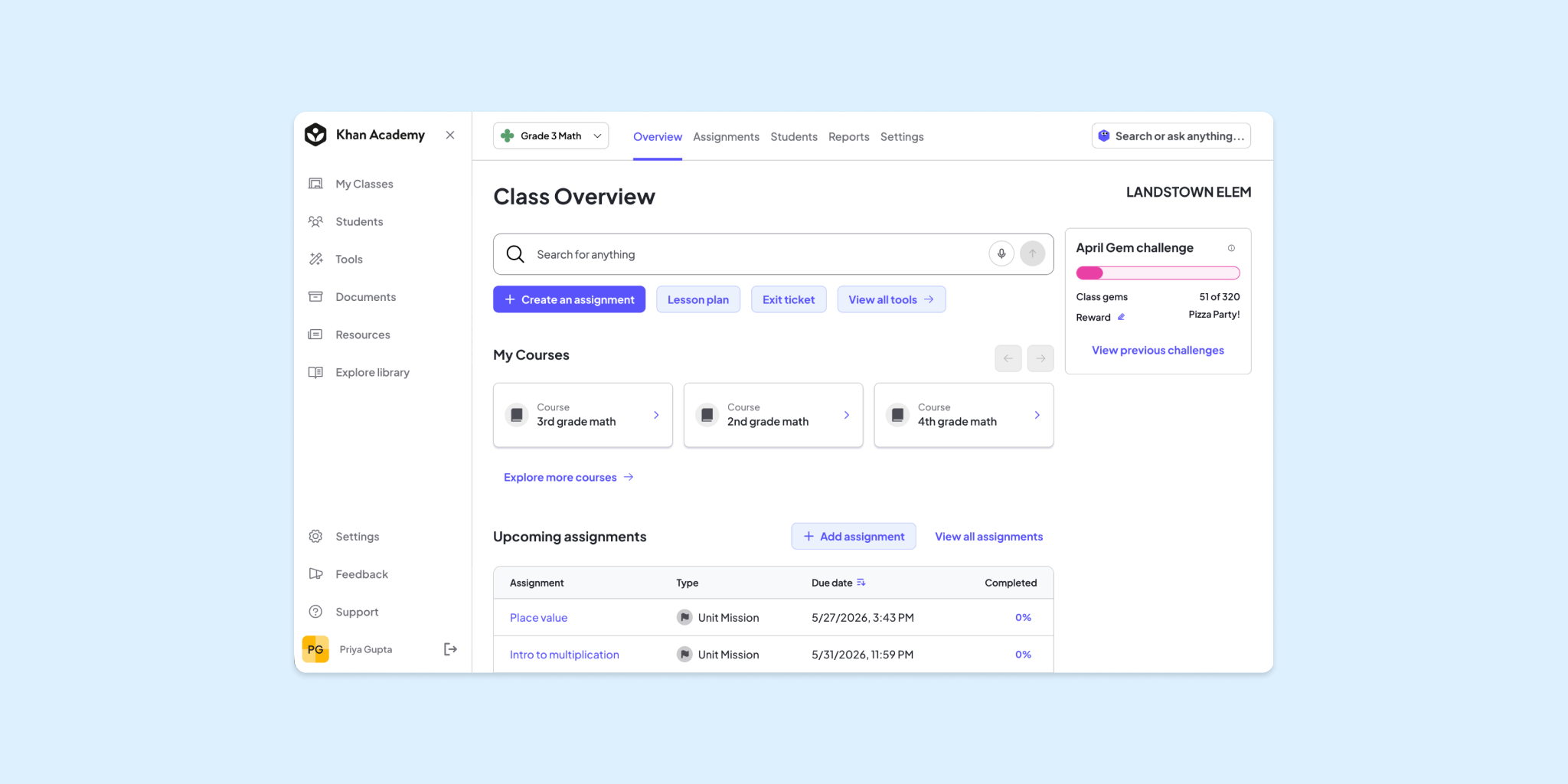 New Khan Academy teacher dashboard