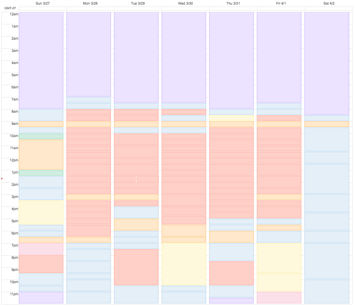 A screenshot of my (very full) calendar in Google Calendar, but the event titles are blank.