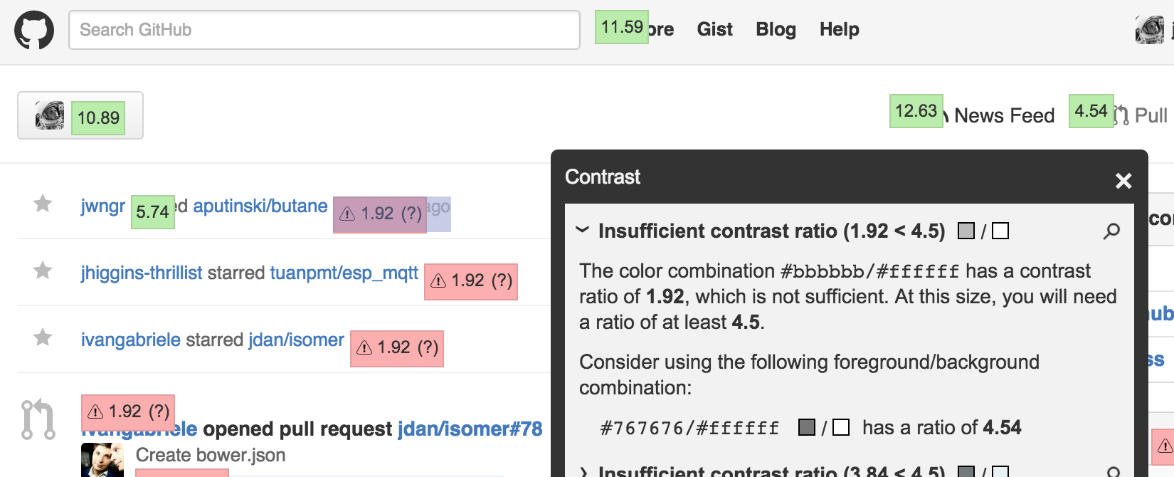 tota11y explaining contrast violations and offering suggestions on github.com