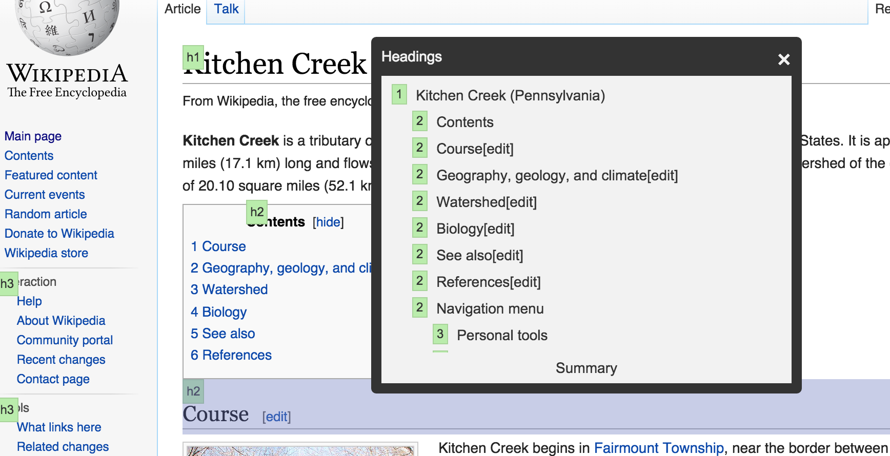 tota11y highlighting heading tags and structure on wikipedia.org