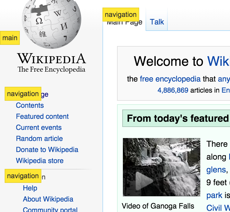 tota11y highlighting aria landmarks on wikipedia.org